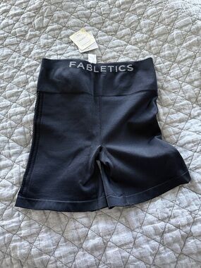 Fabletics Black High-Rise Seamless Bike Shorts with Logo Waistband